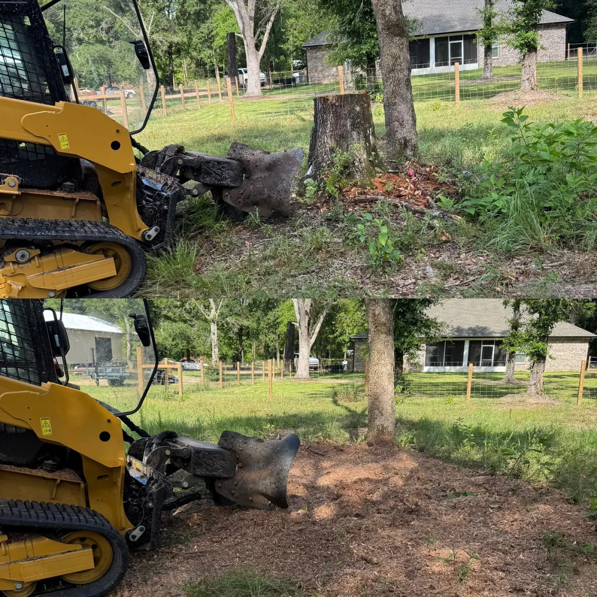 Skid steer with a root grapple pulling roots and a stump out of the ground on a cleared Northwest Florida lot